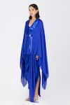 Amit Aggarwal_Blue Satin Chiffon Embellishment Metallic Open Draped Cape With Belt _Online_at_Aza_Fashions