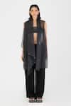 Buy_Amit Aggarwal_Black Sheer Check Plain Shawl Collar Metallic Pleated Cape _at_Aza_Fashions