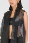 Amit Aggarwal_Black Sheer Check Plain Shawl Collar Metallic Pleated Cape _Online_at_Aza_Fashions