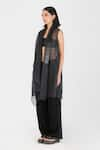 Buy_Amit Aggarwal_Black Sheer Check Plain Shawl Collar Metallic Pleated Cape _Online_at_Aza_Fashions