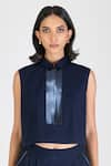 Amit Aggarwal_Blue Poplin Embellishment Tape Collar Metallic Placket Cropped Shirt _Online_at_Aza_Fashions