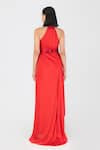 Shop_Amit Aggarwal_Red Satin Chiffon Plain Halter Neck Metallic Pleated Dress _at_Aza_Fashions