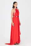 Amit Aggarwal_Red Satin Chiffon Plain Halter Neck Metallic Pleated Dress _Online_at_Aza_Fashions