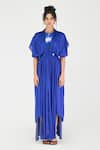 Buy_Amit Aggarwal_Blue Satin Chiffon Plain Round Metallic Pleated Layered Dress _at_Aza_Fashions