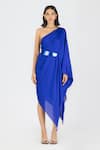 Buy_Amit Aggarwal_Blue Satin Chiffon Plain Asymmetric One Shoulder Draped Dress With Belt _at_Aza_Fashions