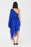 Shop_Amit Aggarwal_Blue Satin Chiffon Plain Asymmetric One Shoulder Draped Dress With Belt _at_Aza_Fashions