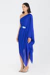 Amit Aggarwal_Blue Satin Chiffon Plain Asymmetric One Shoulder Draped Dress With Belt _Online_at_Aza_Fashions