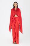 Buy_Amit Aggarwal_Red Satin Chiffon Plain V Neck Pleated Cape And Skirt Set _at_Aza_Fashions