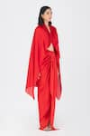 Buy_Amit Aggarwal_Red Satin Chiffon Plain V Neck Pleated Cape And Skirt Set _Online_at_Aza_Fashions