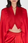 Shop_Amit Aggarwal_Red Satin Chiffon Plain V Neck Pleated Cape And Skirt Set _Online_at_Aza_Fashions