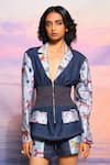 Buy_ANANYA AGRAWAL LABEL_Blue Chanderi Printed Jungle Notched Lapel Blazer And Shorts Set _Online_at_Aza_Fashions