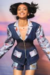 ANANYA AGRAWAL LABEL_Blue Chanderi Printed Jungle Notched Lapel Blazer And Shorts Set _at_Aza_Fashions