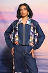 Buy_Ananya Agrawal Label_Blue Denim, Chanderi Collared Printed Bomber Jacket _at_Aza_Fashions
