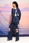 ANANYA AGRAWAL LABEL_Blue Chanderi Printed Abstract Collar Leher Bomber Jacket With Cargo Pant _Online_at_Aza_Fashions