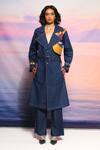 Buy_ANANYA AGRAWAL LABEL_Blue Chanderi Printed Abstract Notched Lapel Morni Denim Trench _at_Aza_Fashions