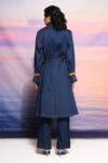 Shop_ANANYA AGRAWAL LABEL_Blue Chanderi Printed Abstract Notched Lapel Morni Denim Trench _at_Aza_Fashions