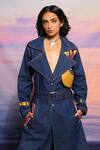 Shop_ANANYA AGRAWAL LABEL_Blue Chanderi Printed Abstract Notched Lapel Morni Denim Trench _Online_at_Aza_Fashions