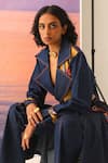 ANANYA AGRAWAL LABEL_Blue Chanderi Printed Abstract Notched Lapel Morni Denim Trench _at_Aza_Fashions