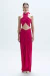 Buy_Aroka_Pink Modal Satin Plain Pleated Halter Hope Neck Top _at_Aza_Fashions