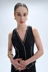 Buy_Aroka_Black Linen Embroidered Thread V-neck Bearer Waistcoat _at_Aza_Fashions