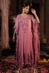 Buy_Farha Syed_Pink Chanderi Silk Tissue Applique Floral Paan Neck Hand Embroidered Kaftan _at_Aza_Fashions