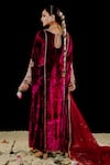 Shop_Gul By Aishwarya_Wine Velvet Embroidery Zardozi Split V Neck Gulshan Kurta Pant Set _at_Aza_Fashions