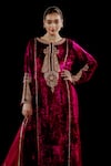 Buy_Gul By Aishwarya_Wine Velvet Embroidery Zardozi Split V Neck Gulshan Kurta Pant Set _Online_at_Aza_Fashions