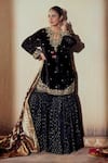 Gul By Aishwarya_Black Velvet Embroidery Zardozi Keyhole Neck Phool Guldasta Kurta Gharara Set _Online_at_Aza_Fashions