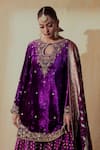 Gul By Aishwarya_Purple Velvet Embroidery Zardozi Keyhole Neck Guldasta Kurta Gharara Set _Online_at_Aza_Fashions