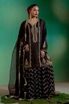 Buy_Gul By Aishwarya_Black Tissue Satin Embroidery Zardozi Mughal Bloom Panelled Kurta Gharara Set _at_Aza_Fashions