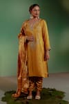 Buy_Gul By Aishwarya_Gold Tissue Embroidery Zardozi Split V Neck Damask Blossom Kurta Pant Set _at_Aza_Fashions