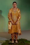 Buy_Gul By Aishwarya_Gold Tissue Embroidery Zardozi Split V Neck Damask Blossom Kurta Pant Set _Online_at_Aza_Fashions