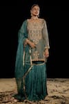 Buy_Gul By Aishwarya_Green Tissue Organza Embroidery Zardozi Round Neck Damask Kurta Gharara Set _at_Aza_Fashions