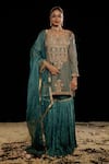 Buy_Gul By Aishwarya_Green Tissue Organza Embroidery Zardozi Round Neck Damask Kurta Gharara Set _Online_at_Aza_Fashions