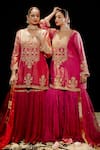 Buy_Gul By Aishwarya_Pink Tissue Organza Embroidery Zardozi Split V Fleur Mahal Kurta Gharara Set 