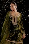 Shop_Gul By Aishwarya_Green Velvet Embroidery Zardozi Leaf Neck Mughal Crest Kurta Gharara Set _Online_at_Aza_Fashions