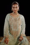 Buy_Gul By Aishwarya_Green Tissue Embroidery Zardozi Round Neck Phool Crest Kurta Gharara Set 