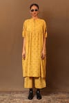 Buy_MATI_Yellow 100% Cotton Embroidery Thread Mandarin Spade Kurta And Flared Pant Set _at_Aza_Fashions