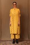 Buy_MATI_Yellow 100% Cotton Embroidery Thread Mandarin Collar Spade Tunic _at_Aza_Fashions