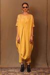 MATI_Yellow 100% Cotton Embroidery Zari Boat Neck Thread Cowl Kurta _Online_at_Aza_Fashions