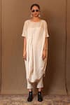 MATI_Off White 100% Cotton Embroidery Zari Boat Neck Thread Cowl Tunic _Online_at_Aza_Fashions