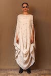 MATI_Off White 100% Cotton Embroidery Thread Boat Neck Club Dress _Online_at_Aza_Fashions