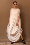 Buy_MATI_Off White 100% Cotton Embroidery Zari Dress Boat Neck Heart Cowl _at_Aza_Fashions