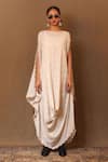 MATI_Off White 100% Cotton Embroidery Zari Dress Boat Neck Heart Cowl _Online_at_Aza_Fashions