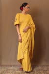 Buy_MATI_Yellow 100% Cotton Embroidery Zari Round Saree With Blouse _at_Aza_Fashions