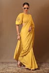 MATI_Yellow 100% Cotton Embroidery Zari Round Saree With Blouse _Online_at_Aza_Fashions