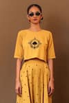 Buy_MATI_Yellow 100% Cotton Embroidery Aari Round Spade Crop Top _at_Aza_Fashions