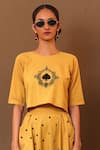 MATI_Yellow 100% Cotton Embroidery Aari Round Spade Crop Top With Harem Pant _Online_at_Aza_Fashions