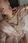 Neha Khullar_Peach Chanderi Banarasi Hand Embroidery Beads V Neck Bridal Lehenga Set _Online_at_Aza_Fashions