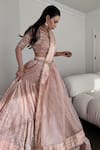 Buy_Neha Khullar_Peach Chanderi Banarasi Hand Embroidery Beads V Neck Bridal Lehenga Set _Online_at_Aza_Fashions